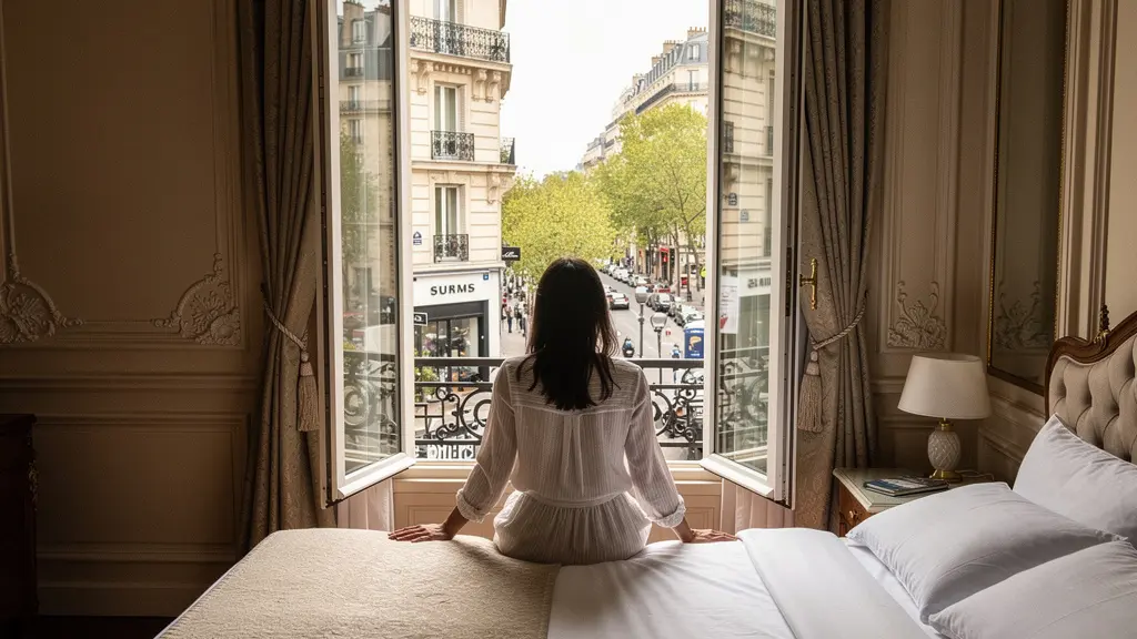 Voyageuse dans une chambre d'hôtel parisien regardant par la fenêtre