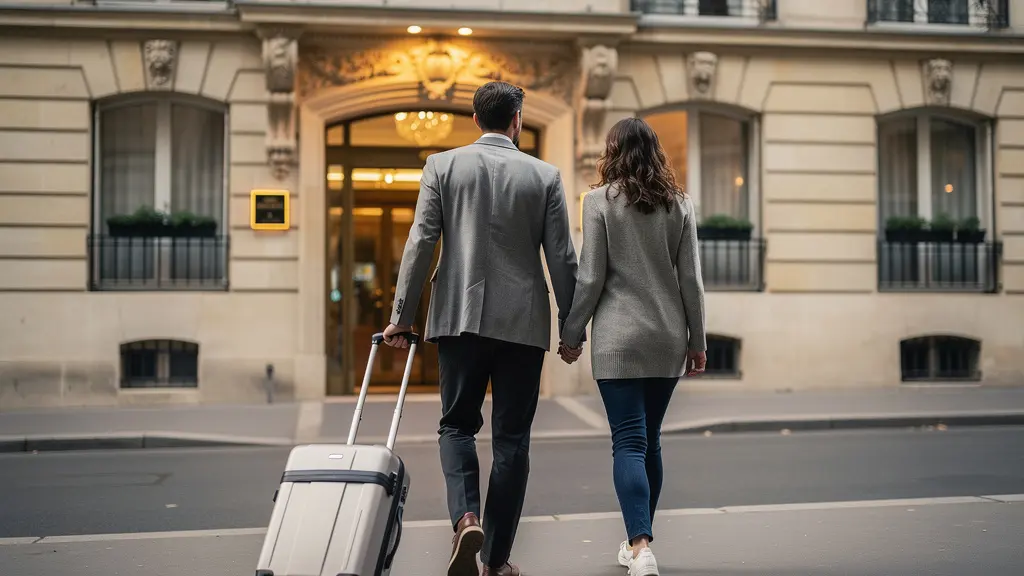 Couple arrivant devant un hôtel parisien élégant avec valise