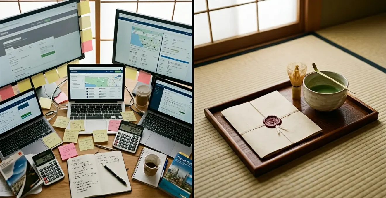 Comparaison visuelle entre voyageur planifiant seul et conseiller d'agence spécialisée Japon