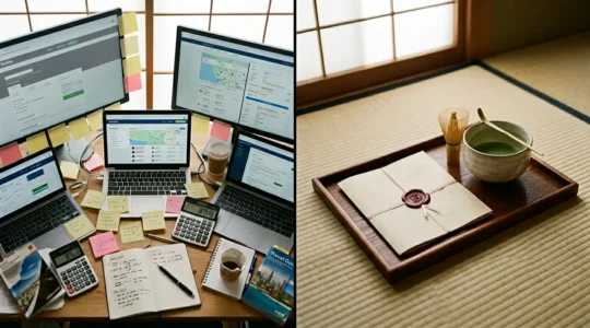 Comparaison visuelle entre voyageur planifiant seul et conseiller d'agence spécialisée Japon