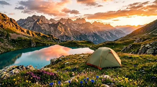 Bivouac en montagne avec vue sur un lac alpin au coucher du soleil