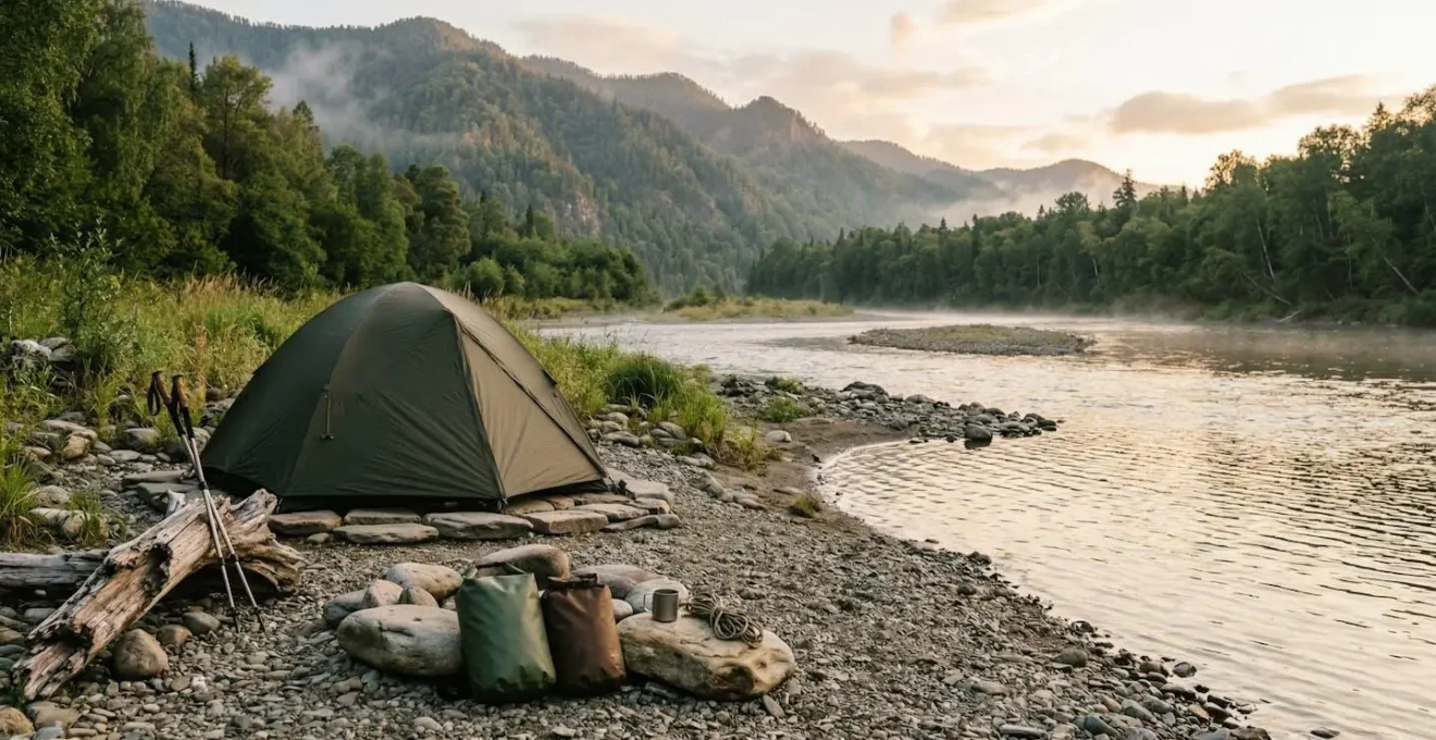 Campement au bord d'une rivière au crépuscule avec équipement de randonnée posé sur les galets