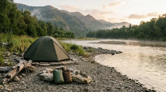 Campement au bord d'une rivière au crépuscule avec équipement de randonnée posé sur les galets