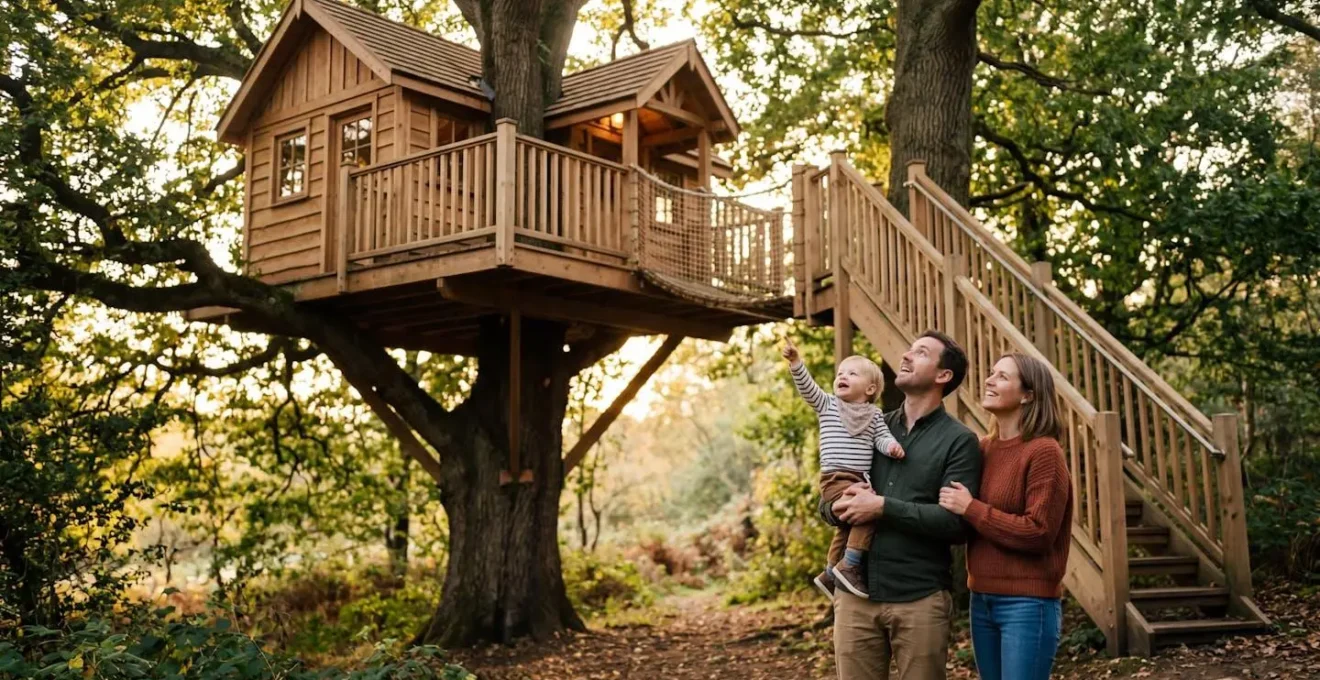 Famille avec enfants en bas âge observant une cabane dans les arbres sécurisée avec escalier solide et garde-corps