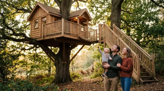 Famille avec enfants en bas âge observant une cabane dans les arbres sécurisée avec escalier solide et garde-corps