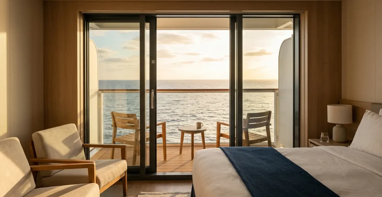 Vue panoramique d'une cabine de paquebot moderne avec balcon donnant sur l'océan au coucher du soleil