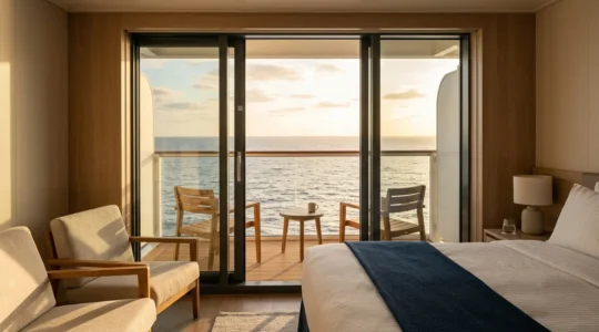Vue panoramique d'une cabine de paquebot moderne avec balcon donnant sur l'océan au coucher du soleil