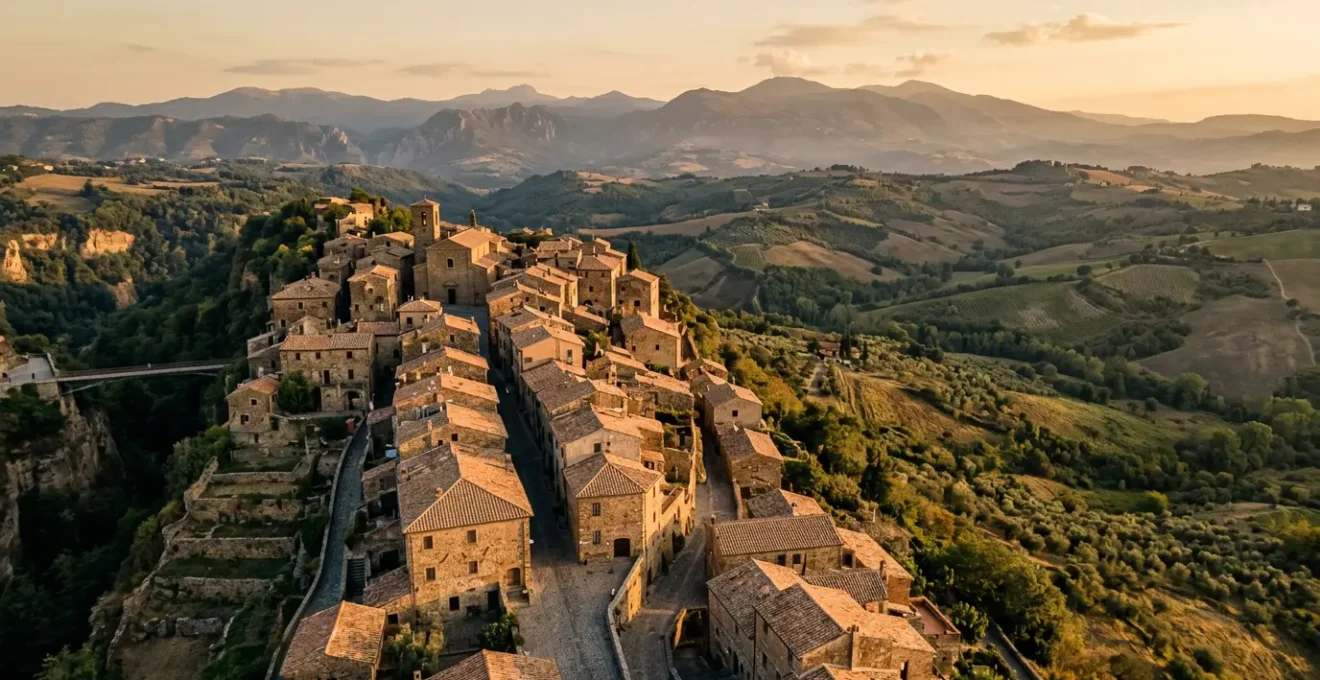 Vue panoramique d'un village européen perché sur une colline au coucher du soleil avec des ruelles désertes et une architecture traditionnelle