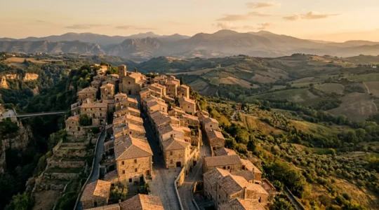 Vue panoramique d'un village européen perché sur une colline au coucher du soleil avec des ruelles désertes et une architecture traditionnelle