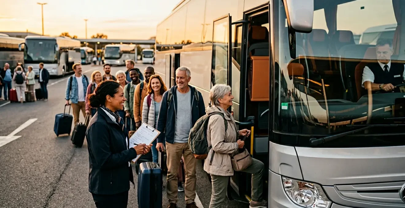 Groupe de voyageurs diversifiés embarquant dans un bus moderne avec chauffeur et guide professionnels