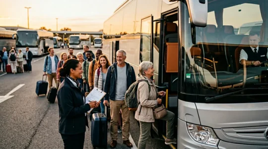 Groupe de voyageurs diversifiés embarquant dans un bus moderne avec chauffeur et guide professionnels