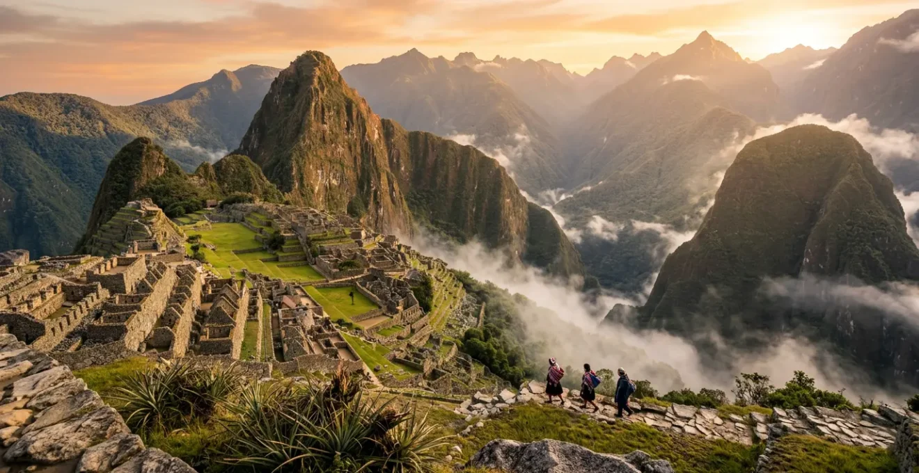 Vue panoramique du Machu Picchu entouré de montagnes verdoyantes dans la brume matinale