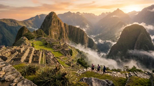 Vue panoramique du Machu Picchu entouré de montagnes verdoyantes dans la brume matinale
