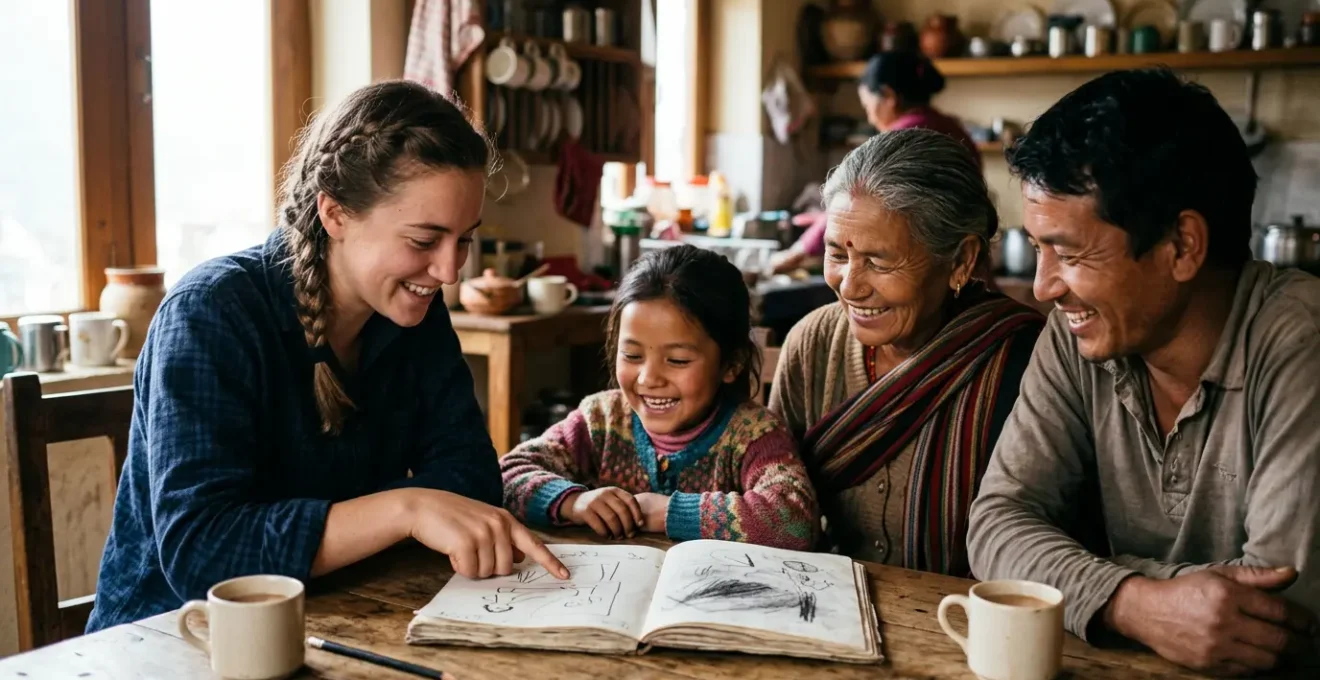 Sourires échangés entre voyageur et famille d'accueil autour d'un carnet de dessin partagé