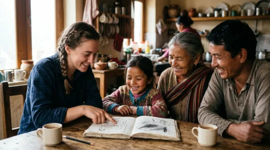 Sourires échangés entre voyageur et famille d'accueil autour d'un carnet de dessin partagé