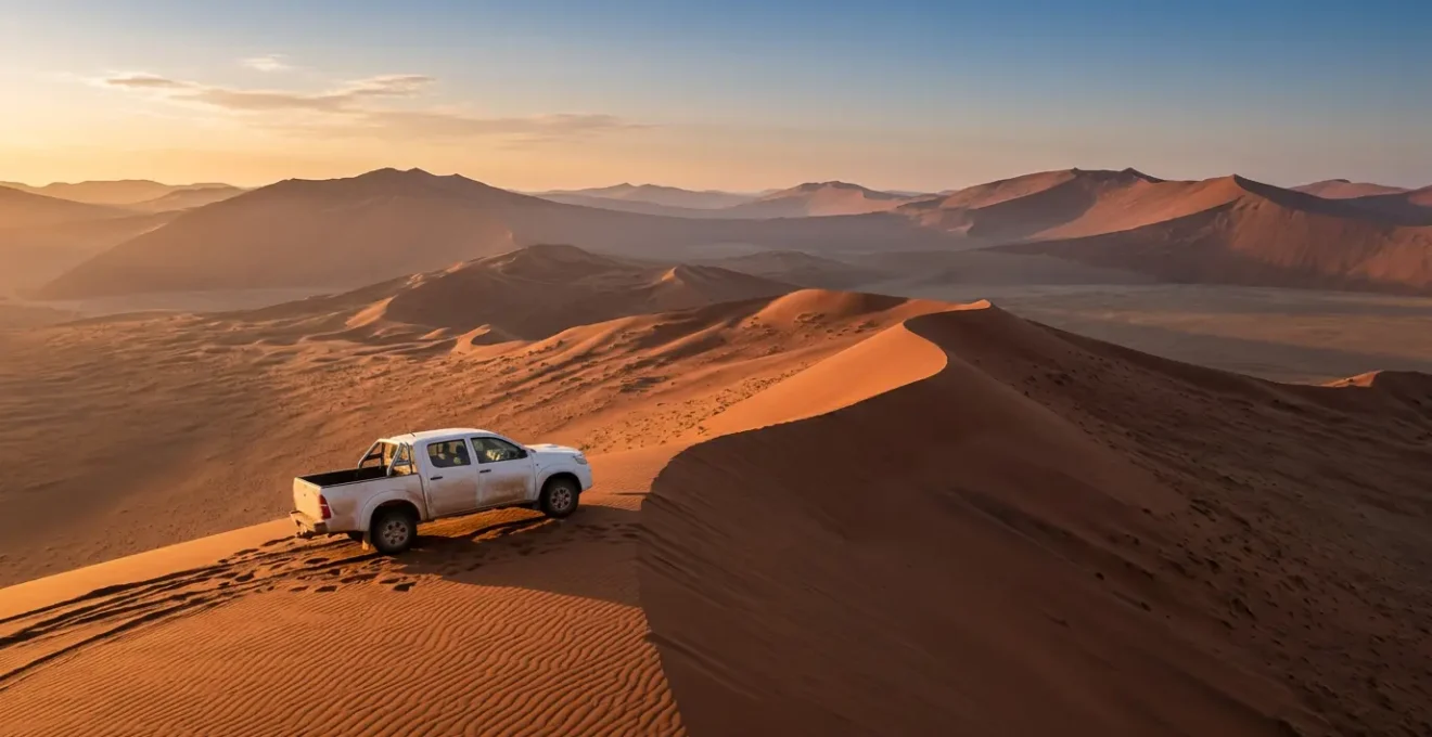 Vue panoramique d'un 4x4 traversant les dunes rouges de Sossusvlei au lever du soleil