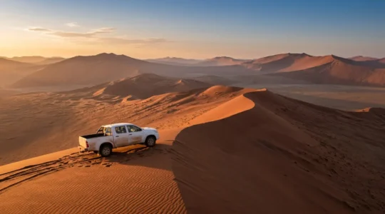 Vue panoramique d'un 4x4 traversant les dunes rouges de Sossusvlei au lever du soleil