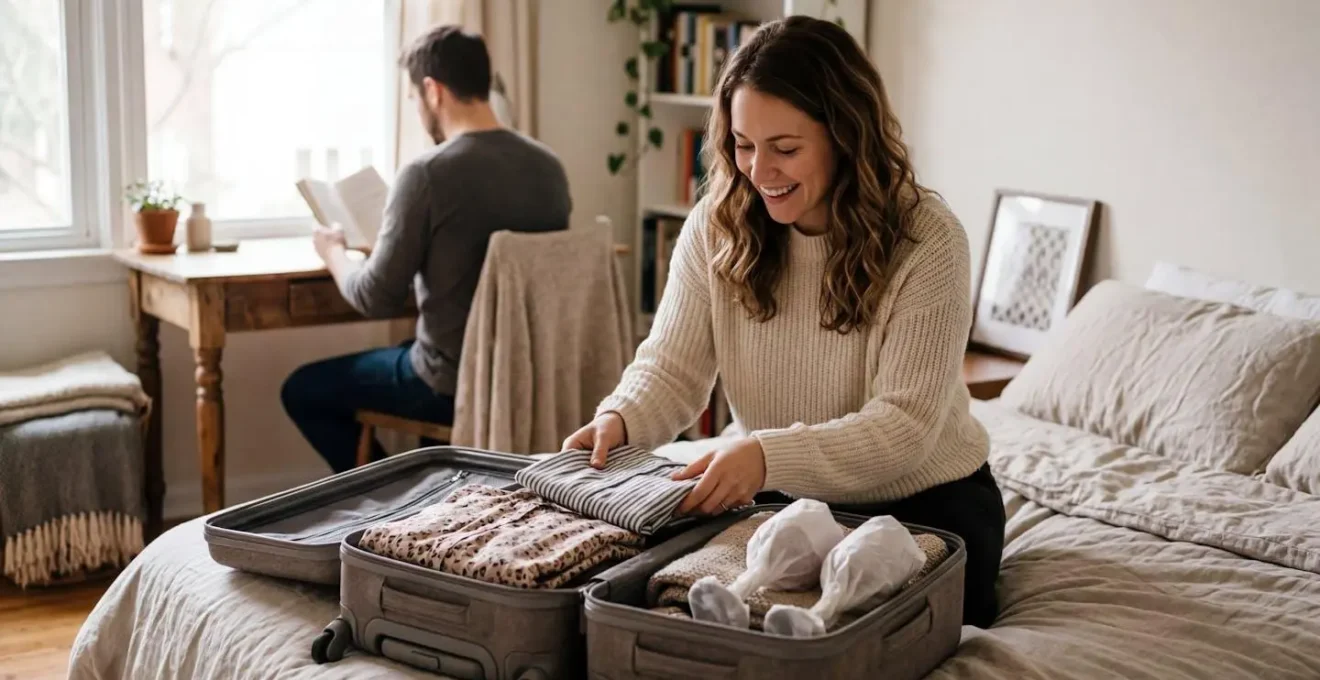 Un couple complice prépare discrètement une valise pour un week-end surprise romantique, lumière naturelle douce