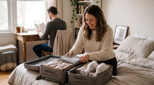 Un couple complice prépare discrètement une valise pour un week-end surprise romantique, lumière naturelle douce