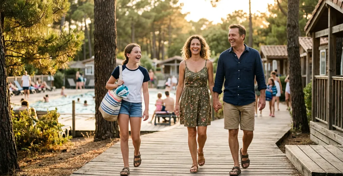 Famille multigénérationnelle profitant d'un village vacances en France avec piscine et activités