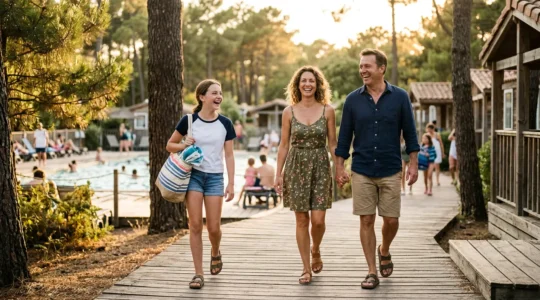 Famille multigénérationnelle profitant d'un village vacances en France avec piscine et activités