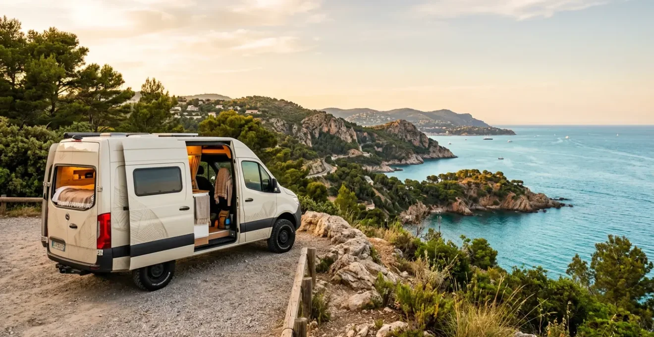 Vue panoramique d'un van aménagé garé face à la côte méditerranéenne au coucher du soleil