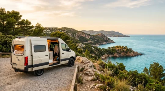 Vue panoramique d'un van aménagé garé face à la côte méditerranéenne au coucher du soleil