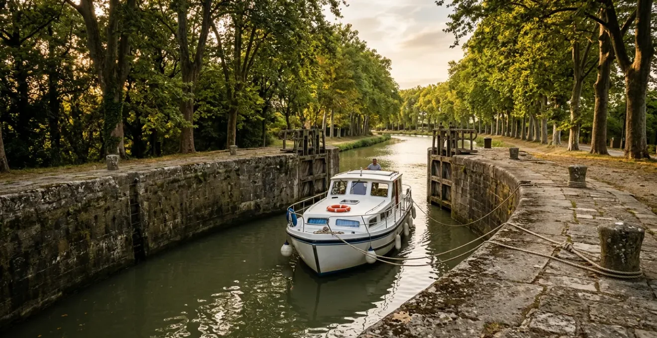 Bateau de plaisance franchissant une écluse historique du Canal du Midi entourée de platanes centenaires