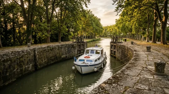Bateau de plaisance franchissant une écluse historique du Canal du Midi entourée de platanes centenaires