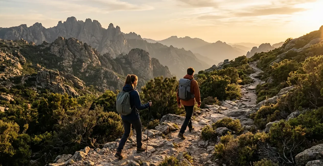 Randonneurs en montagne avec sacs à dos sur sentier rocailleux du GR20 en Corse