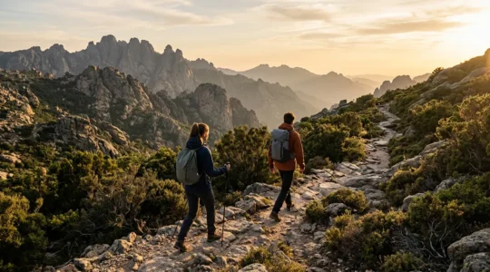 Randonneurs en montagne avec sacs à dos sur sentier rocailleux du GR20 en Corse