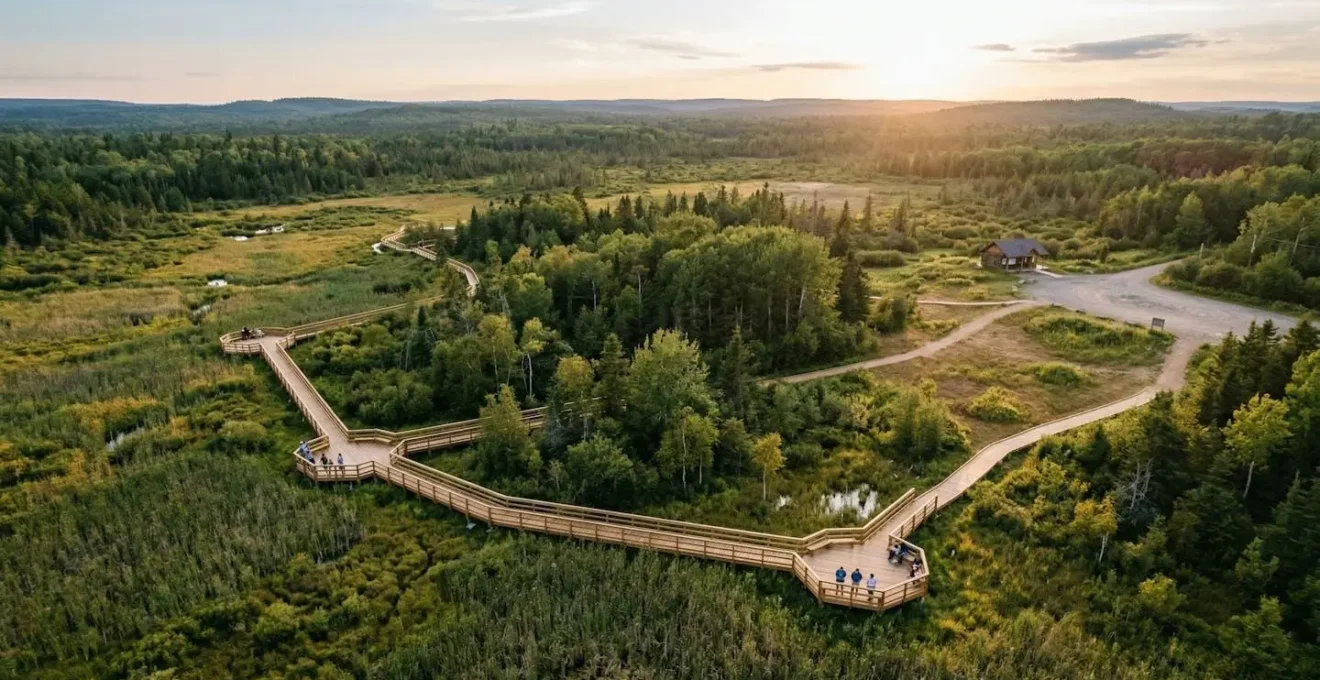 Vue aérienne d'une réserve naturelle avec visiteurs sur sentiers balisés et point d'observation de la faune
