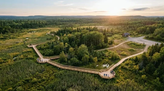 Vue aérienne d'une réserve naturelle avec visiteurs sur sentiers balisés et point d'observation de la faune
