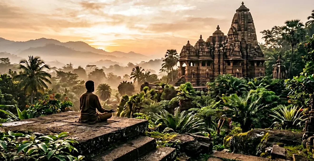 Vue d'un temple indien traditionnel entouré de végétation luxuriante avec une personne en méditation au lever du soleil
