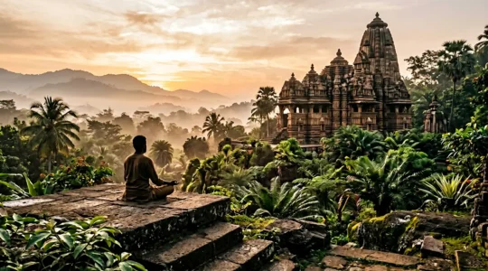 Vue d'un temple indien traditionnel entouré de végétation luxuriante avec une personne en méditation au lever du soleil