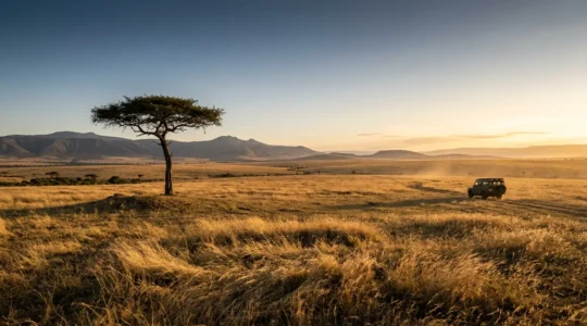 Paysage de la savane kenyane au lever du soleil avec des acacia et une jeep safari au loin