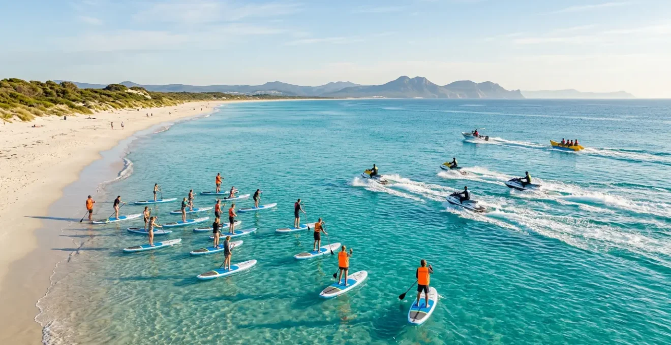 Débutants pratiquant différents sports nautiques dans un environnement sécurisé avec moniteur
