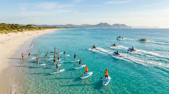 Débutants pratiquant différents sports nautiques dans un environnement sécurisé avec moniteur