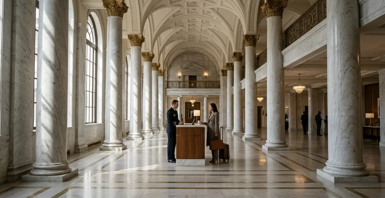 Vue élégante d'un hall de palace avec concierge portant les clés d'or