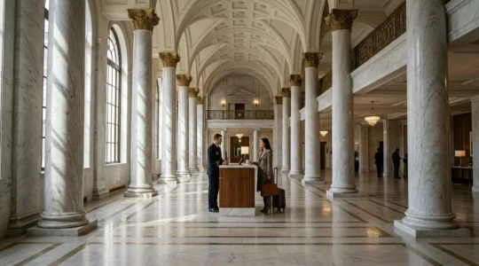 Vue élégante d'un hall de palace avec concierge portant les clés d'or
