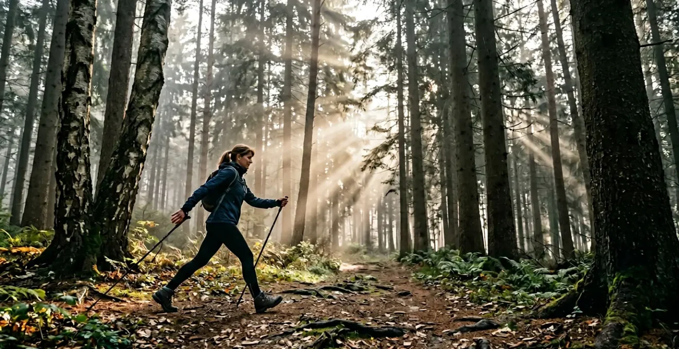 Marcheur nordique en pleine progression technique sur sentier forestier avec bâtons en position de propulsion