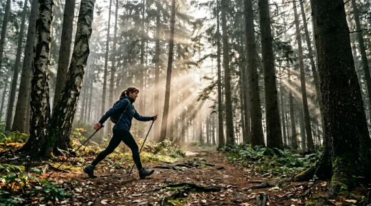 Marcheur nordique en pleine progression technique sur sentier forestier avec bâtons en position de propulsion