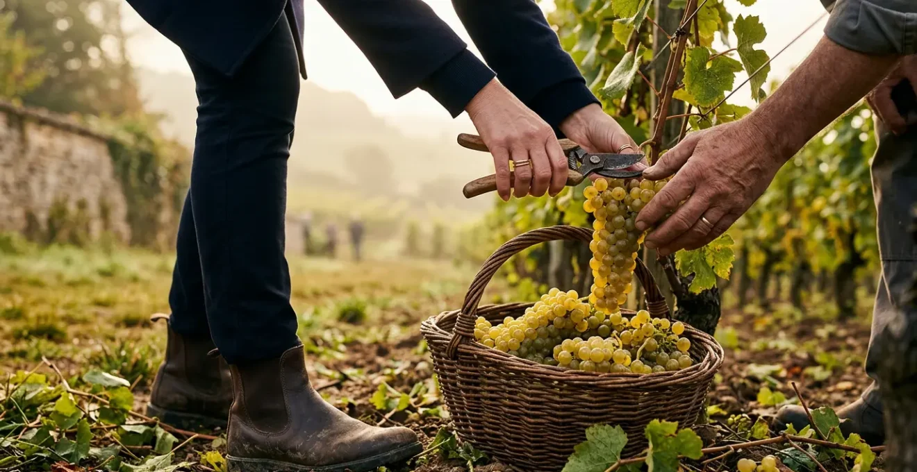 Vendangeurs haut de gamme dans les vignes de Bourgogne, mains expertes manipulant des grappes dorées