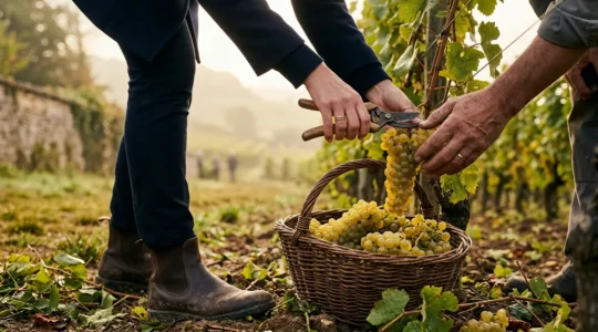 Vendangeurs haut de gamme dans les vignes de Bourgogne, mains expertes manipulant des grappes dorées
