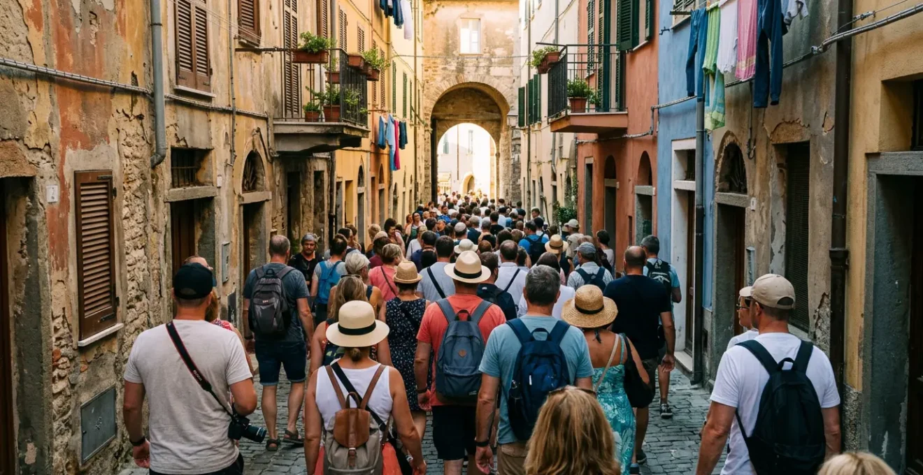Foule dense de touristes dans les ruelles étroites de Venise et Barcelone
