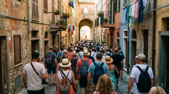 Foule dense de touristes dans les ruelles étroites de Venise et Barcelone