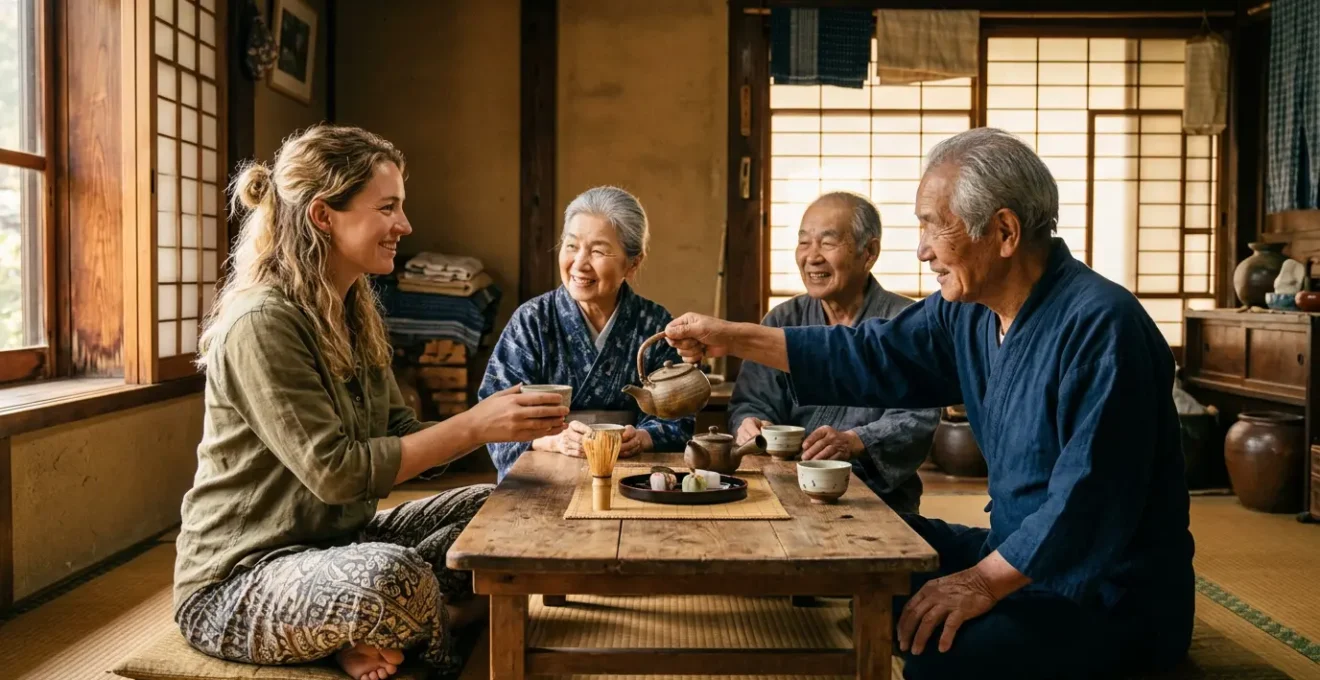Voyageur partageant un moment convivial avec les habitants d'un village traditionnel