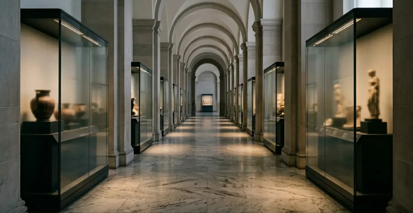Vue immersive d'une réserve de musée avec des œuvres d'art protégées dans une atmosphère intimiste