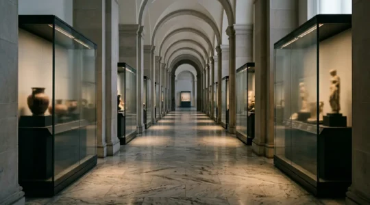 Vue immersive d'une réserve de musée avec des œuvres d'art protégées dans une atmosphère intimiste