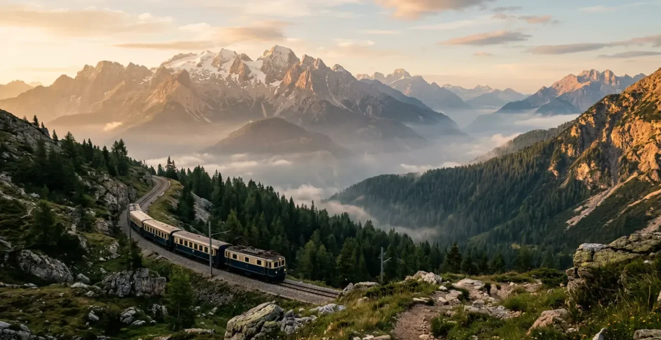Voyageurs contemplant les paysages européens depuis un train de nuit traversant les Alpes au lever du soleil